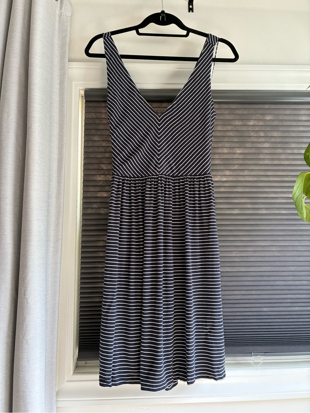 LOFT Navy & White Striped Cross Back Midi Dress